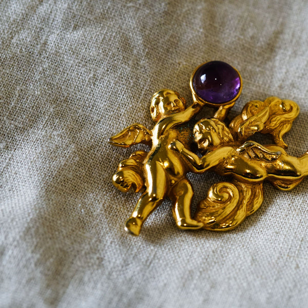 VINTAGE DOUBLE ANGEL WITH AMETHYST GOLDTONE BROOCH