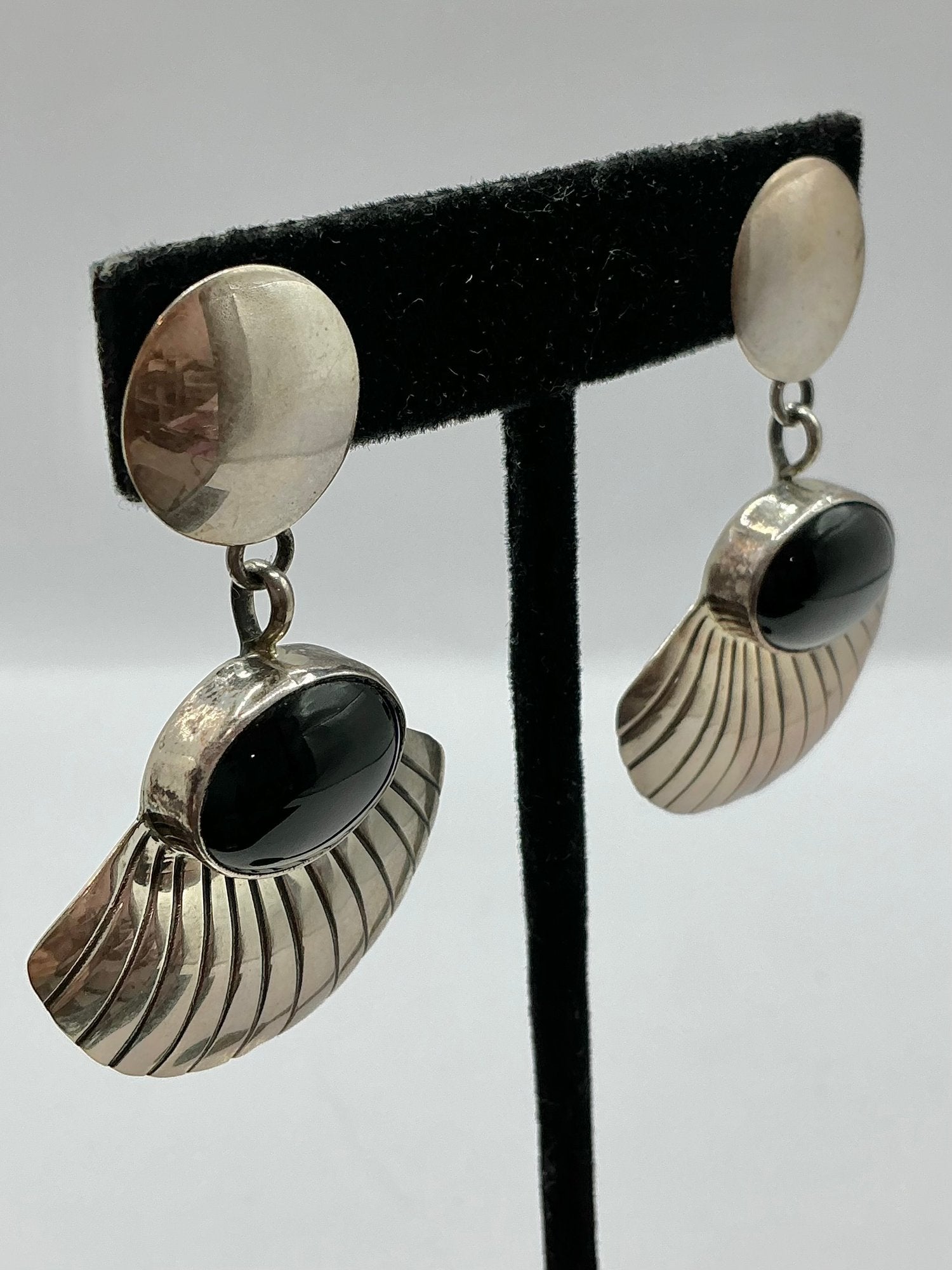 Native American Sterling Silver And Onyx Concho Dangle Earrings 13.26g