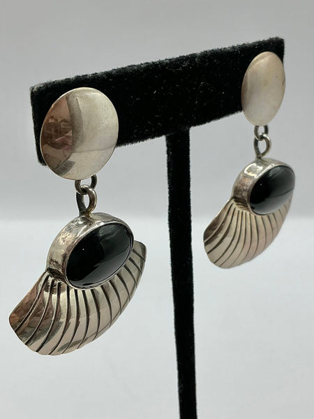 Native American Sterling Silver And Onyx Concho Dangle Earrings