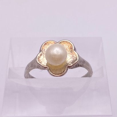 Dainty Sterling Floral Ring W/ Pearl, Size 7.75, 1.2g