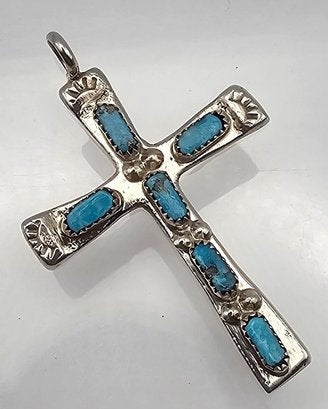 Navajo Signed C. IULE Turquoise Sterling Silver Cross Pendant 7.7 G