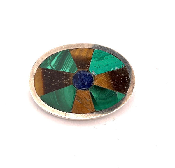 MALACHITE TIGERS EYE STERLING SILVER PENDANT BROOCH