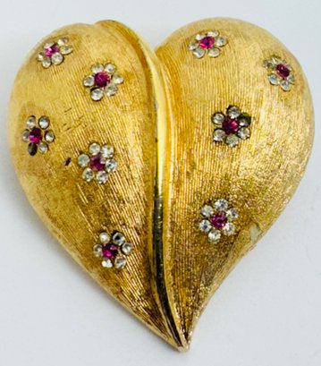 TEXTURED GOLD TONE RED & WHITE RHINESTONE HEART BROOCH